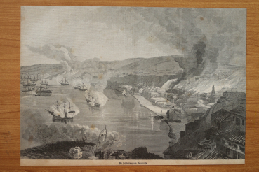 Wood Engraving bombardement of Valparaiso 1866 Chile